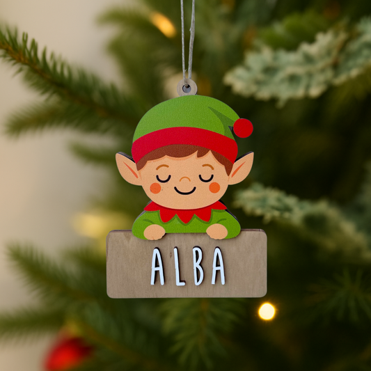 Adorno de Navidad elfo de madera con nombre