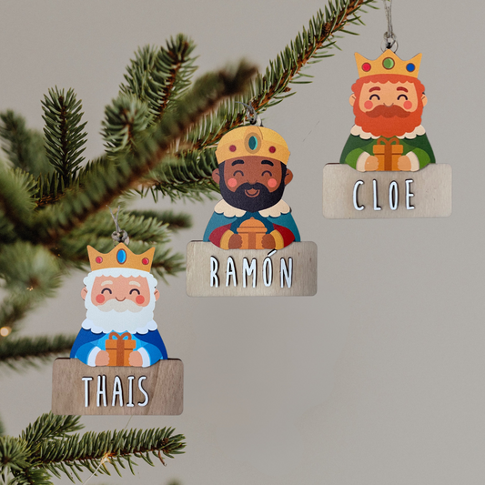 Set de adornos de los tres Reyes Magos de madera con nombre