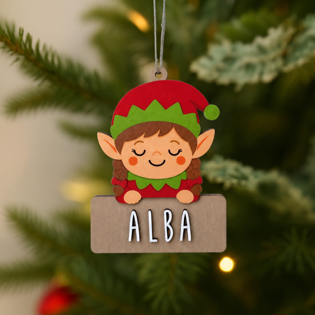 Adorno de Navidad elfa de madera con nombre