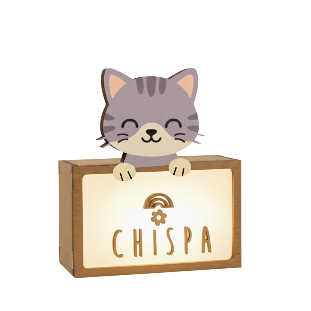 Lámpara Personalizada Infantil de Madera - Diseño Gato