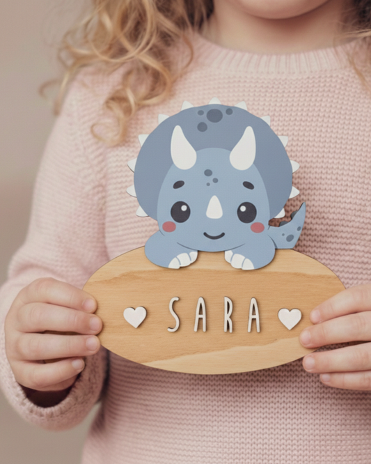 Placa de Madera Personalizada Dinosaurio Triceratops