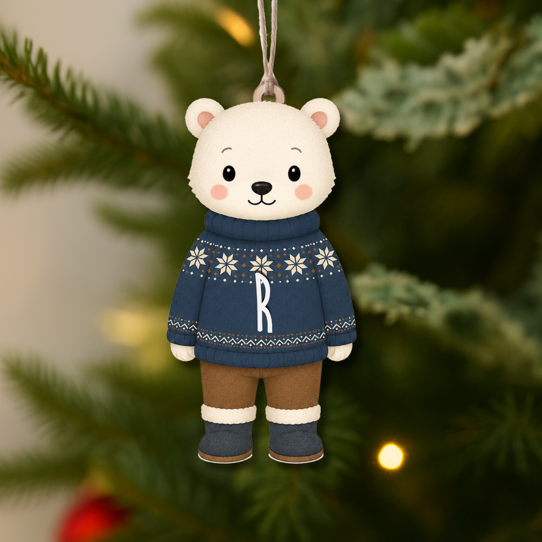 Adorno de madera oso polar con inicial personalizada