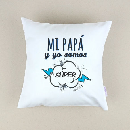 Cojín Personalizado azul Papá y yo somos súper